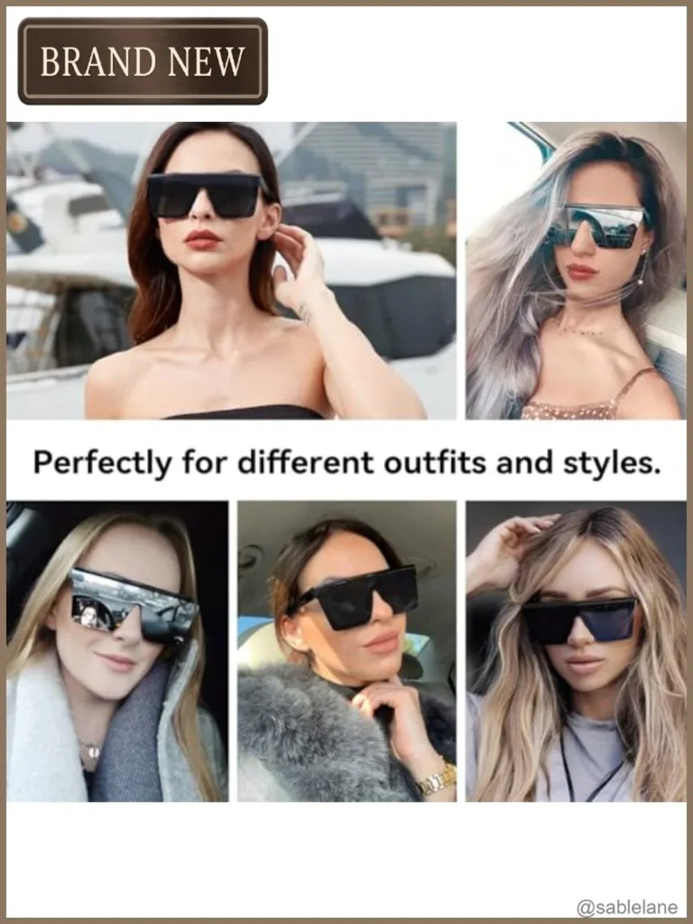 Oversized Square Sunglasses UV400 Protection Flat Top Black Frame